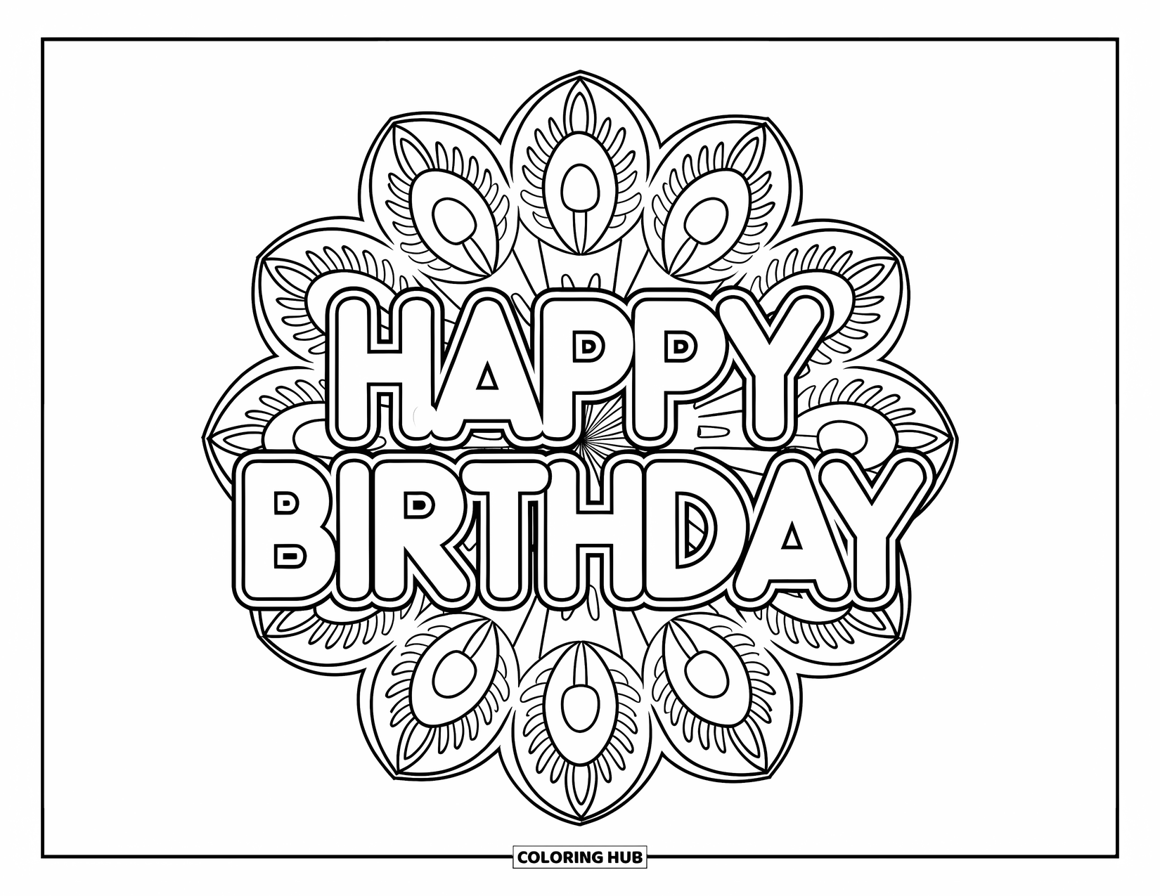 Happy Birthday Coloring Page for Adults: Swirling mandala patterns frame a centered "Happy Birthday" message