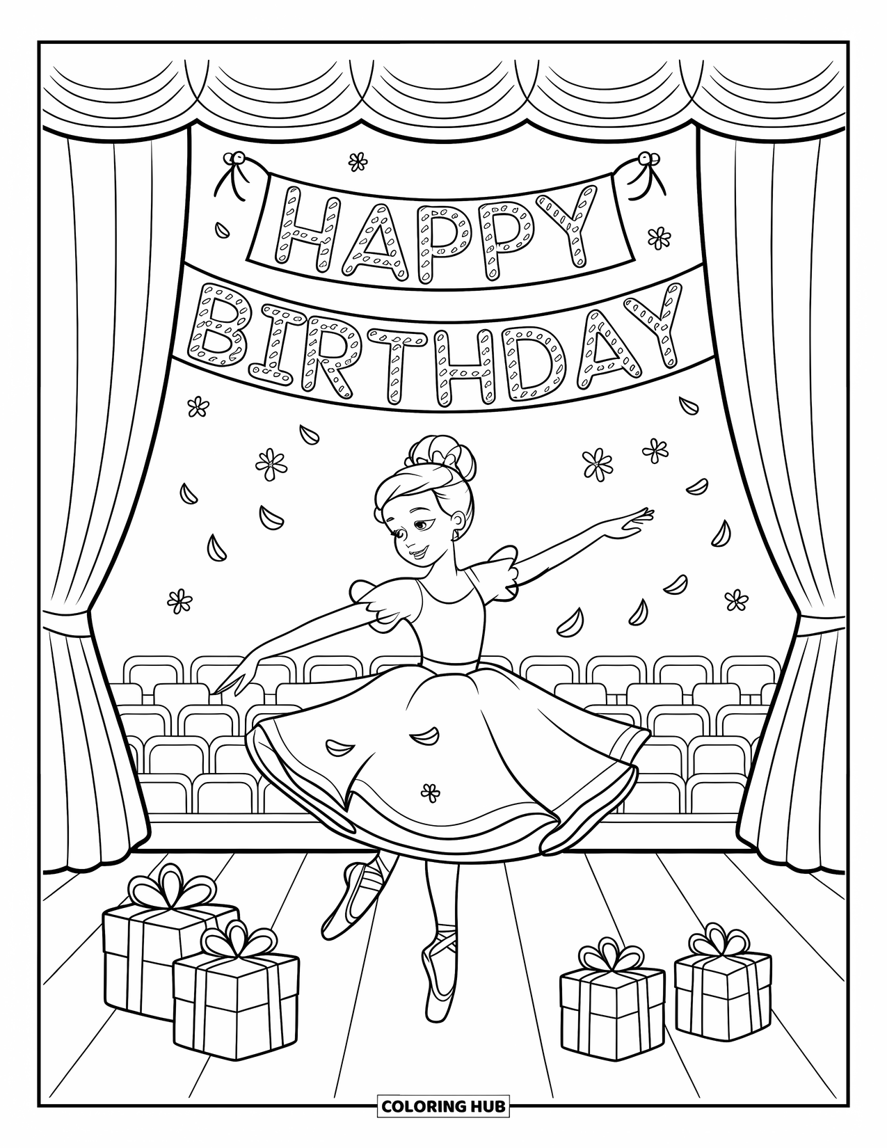 Happy Birthday Coloring Page for Kids: Ballerina twirls on stage with falling petals and birthday gifts at her feet