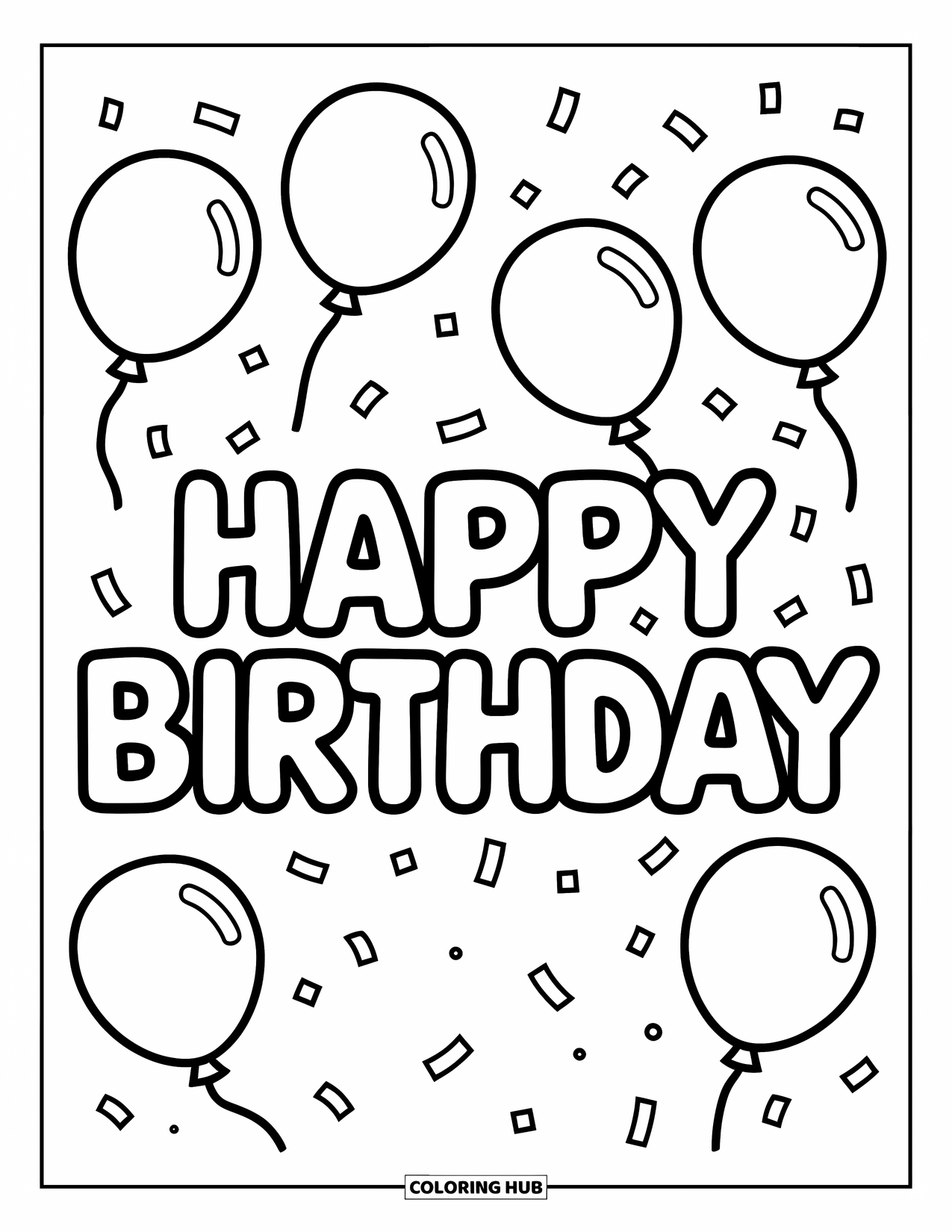 Happy Birthday Coloring Page for Kids: Big birthday banner with balloons and confetti in a fun, festive scene