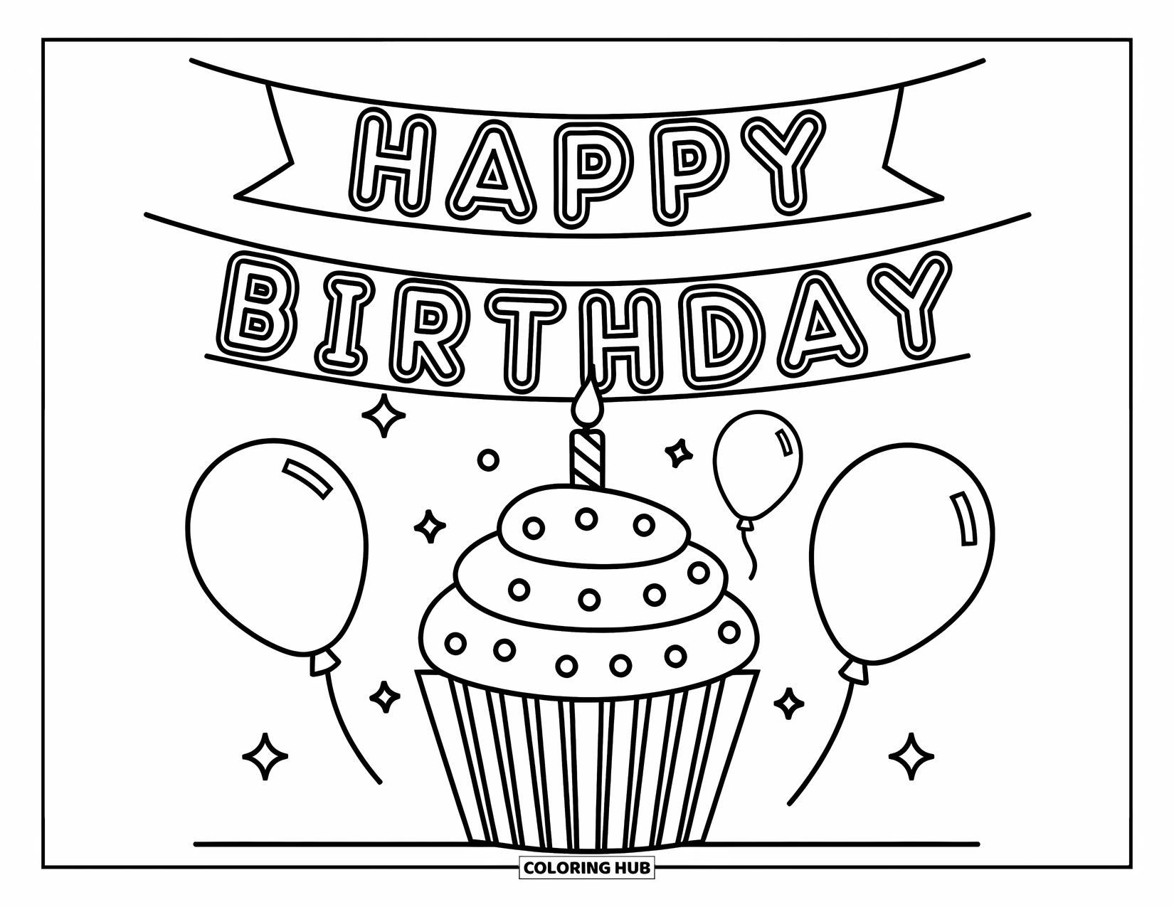 Happy Birthday Coloring Page for Kids: Big cupcake with banner and balloons for a cheerful birthday setup