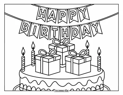 Bursdags-fargeleggingsark for barn: Bursdagskake med gaveesker og et «Happy Birthday»-banner på toppen