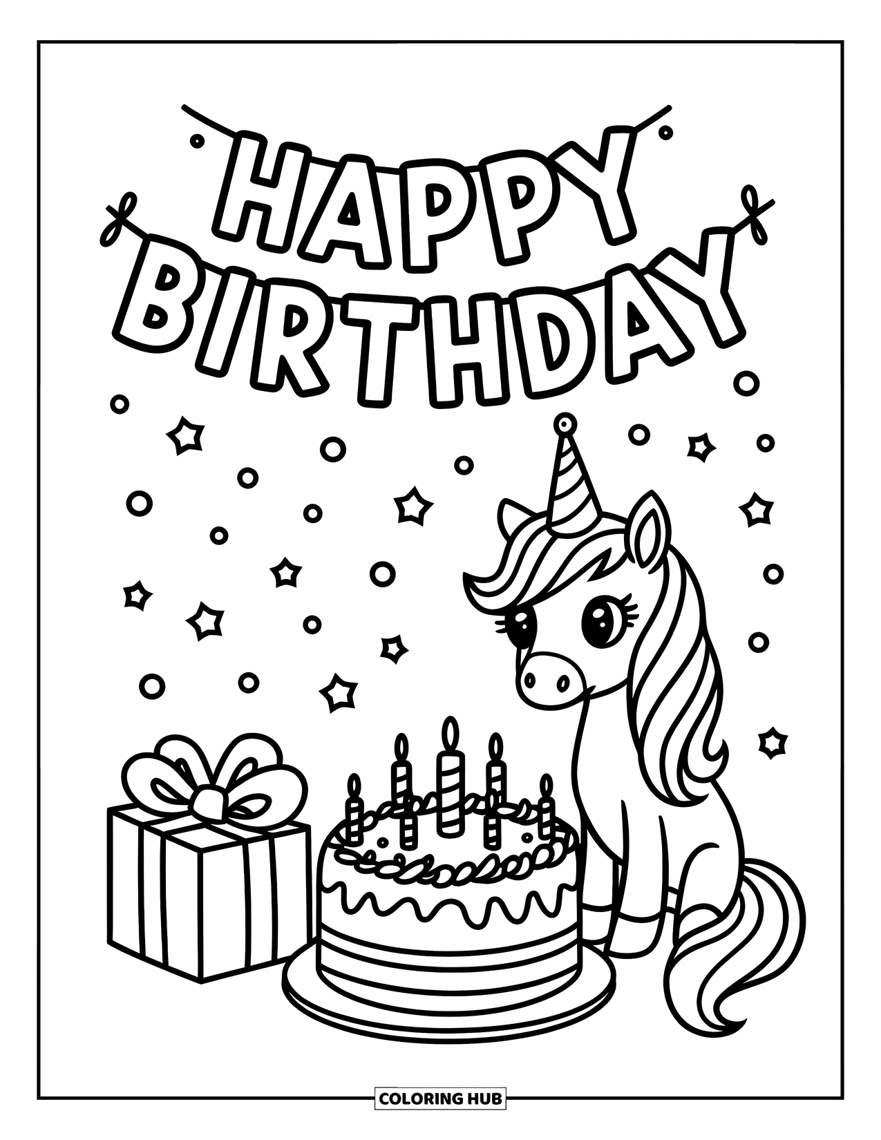 Happy Birthday Coloring Page for Kids: Crowned unicorn with colorful cake and gifts beneath a festive birthday banner