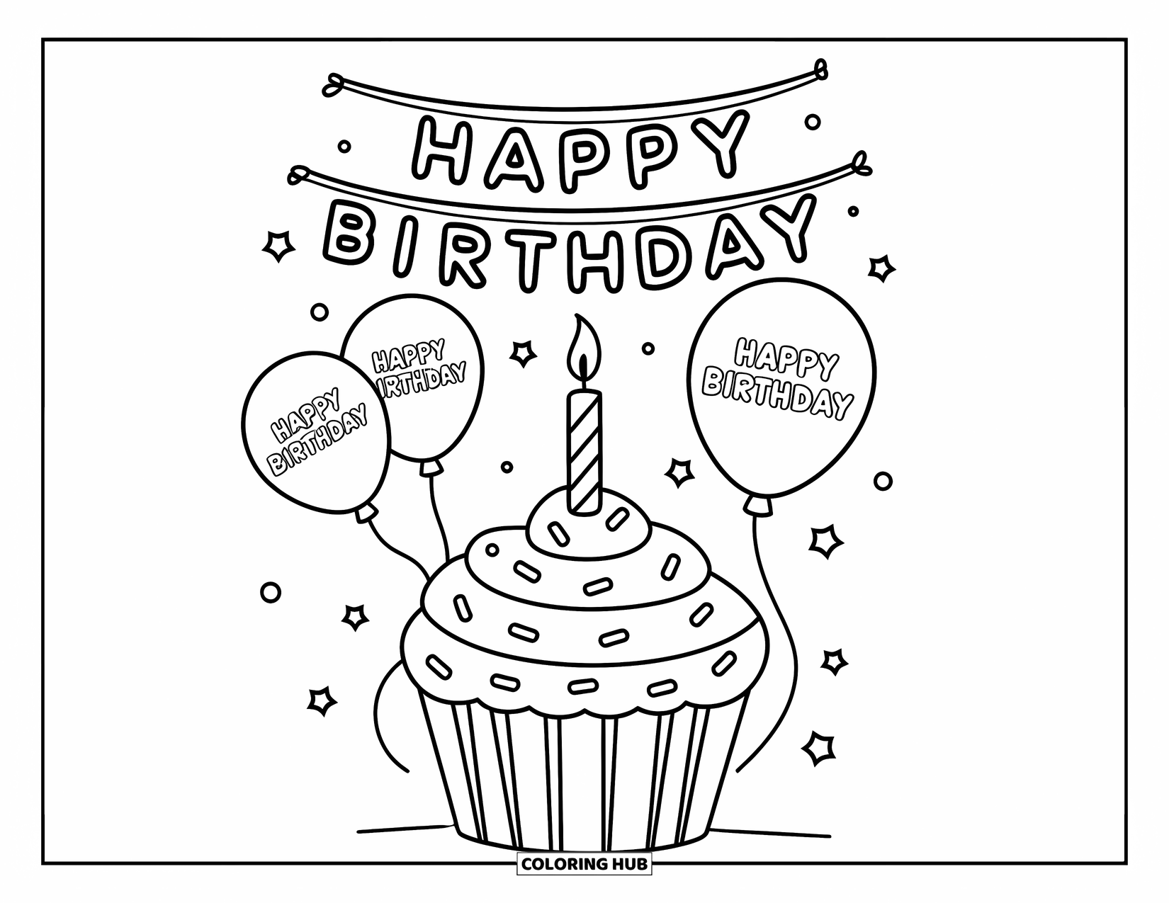Happy Birthday Coloring Page for Kids: Cupcake with a candle and balloon trio below a birthday banner