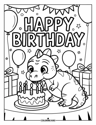 Bursdags-fargeleggingsark for barn: Dinosaur blåser ut kakelys med ballonger, gaver og et bursdagsbanner