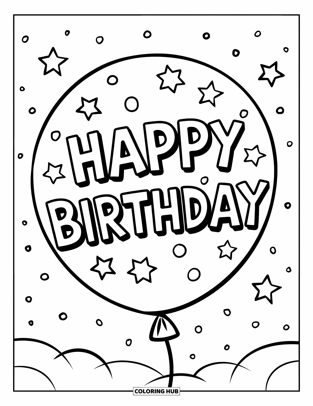 Happy Birthday Coloring Page for Kids: Floating balloon with birthday text and sparkly star accents