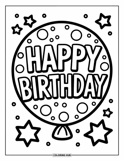 Bursdags-fargeleggingsark for barn: «Happy Birthday»-tekst inne i en stor ballong med stjerner og prikker