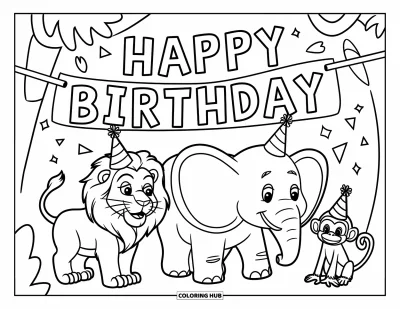 Bursdags-fargeleggingsark for barn: Glade jungeldyr i festluer feirer under et bursdagsbanner
