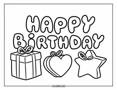 Bursdags-fargeleggingsark for barn: Hjerte-, stjerne- og firkantgaver under en munter «Happy Birthday»-melding