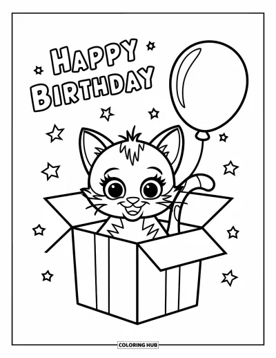 Bursdags-fargeleggingsark for barn: Kattunge med en ballong sitter i en gaveeske under et «Happy Birthday»-skilt