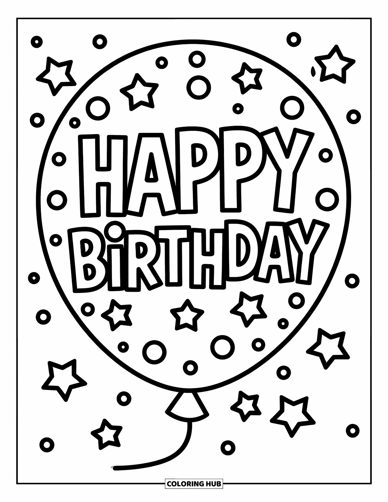 Happy Birthday Coloring Page for Kids: Large balloon holds "Happy Birthday" message with stars all around
