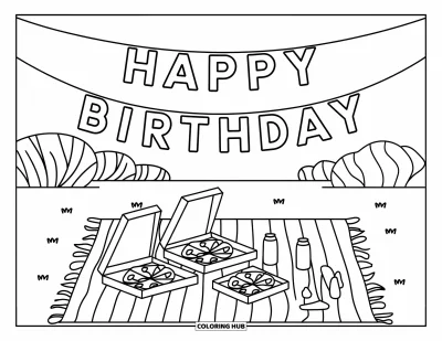 Bursdags-fargeleggingsark for barn: Moderne piknik med pizza, brus og et «Happy Birthday»-banner på en gresslette