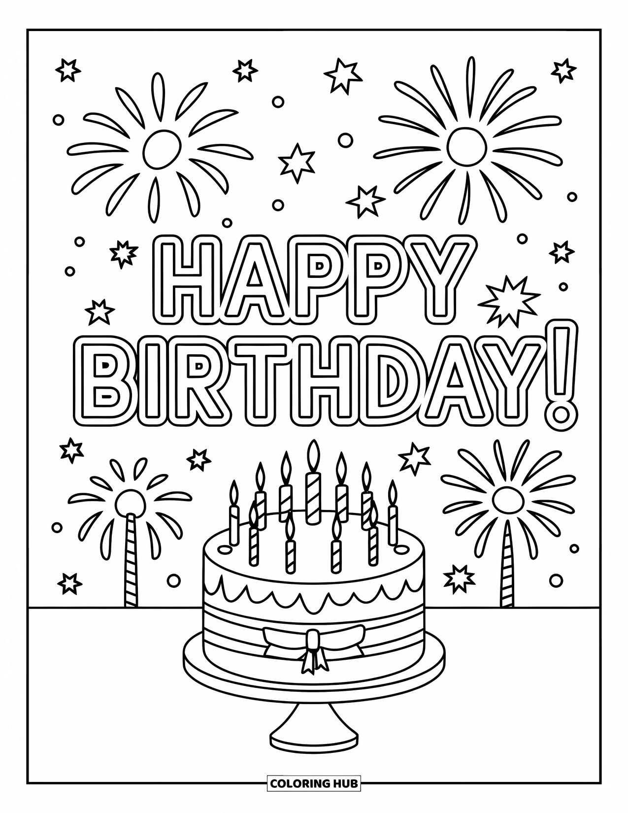 Happy Birthday Coloring Page for Kids: Night sky with fireworks and a decorated birthday cake under festive lettering