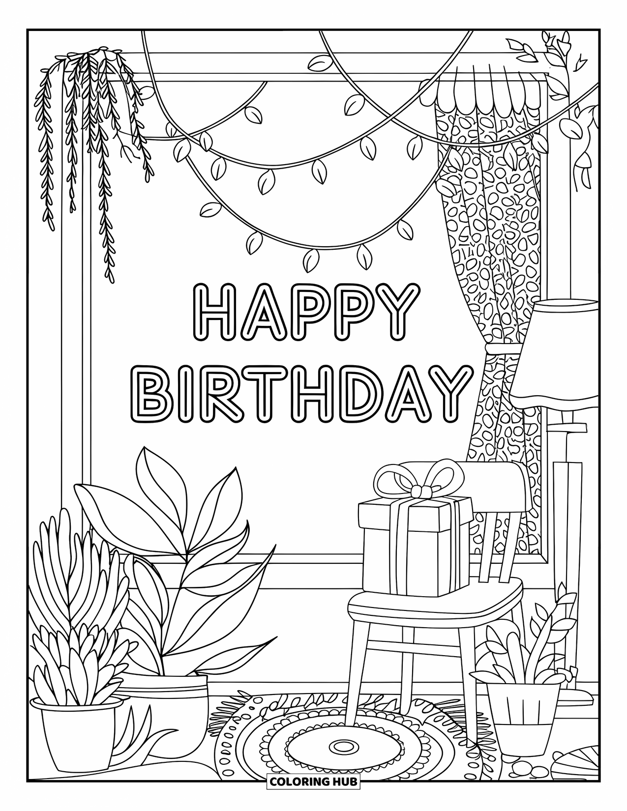 Happy Birthday Coloring Page for Kids: Peaceful room with a window, plants, and string lights framing "Happy Birthday"
