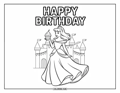 Bursdags-fargeleggingsark for barn: Prinsesse med en cupcake står ved et slott med bursdagsvimpler og et banner