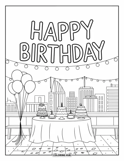 Bursdags-fargeleggingsark for barn: Takterrassefest med lyslenker, kaker, ballonger og et «Happy Birthday»-banner