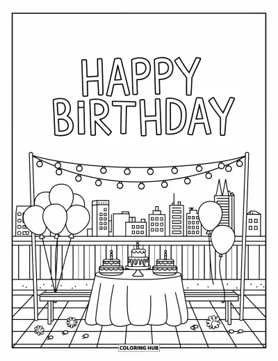 Bursdags-fargeleggingsark for barn: Takterrasse med kaker, ballonger og et stort «Happy Birthday»-banner over bysilhuetten