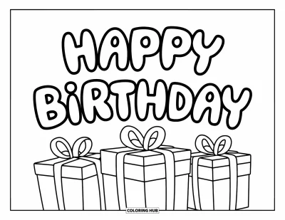 Bursdags-fargeleggingsark for barn: Tre bursdagsgaver under store «Happy Birthday»-bobleskriftbokstaver