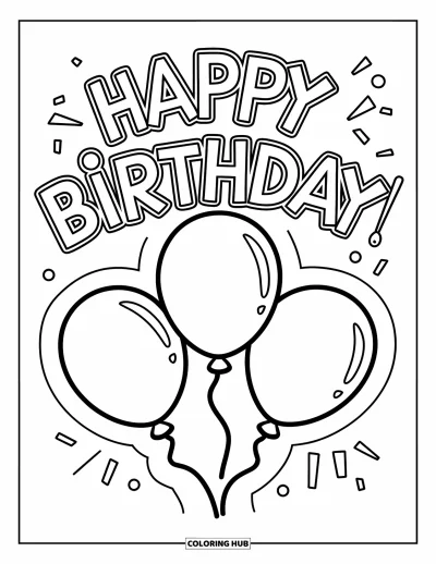 Bursdags-fargeleggingsark for barn: Tre sammenbundne ballonger svever med «Happy Birthday»-tekst over dem