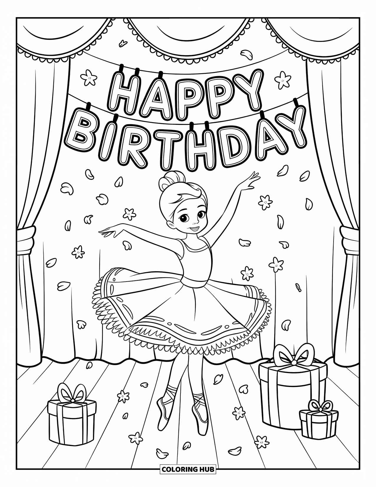 Happy Birthday Coloring Page for Kids: Twirling ballerina on stage surrounded by flower petals and birthday gifts