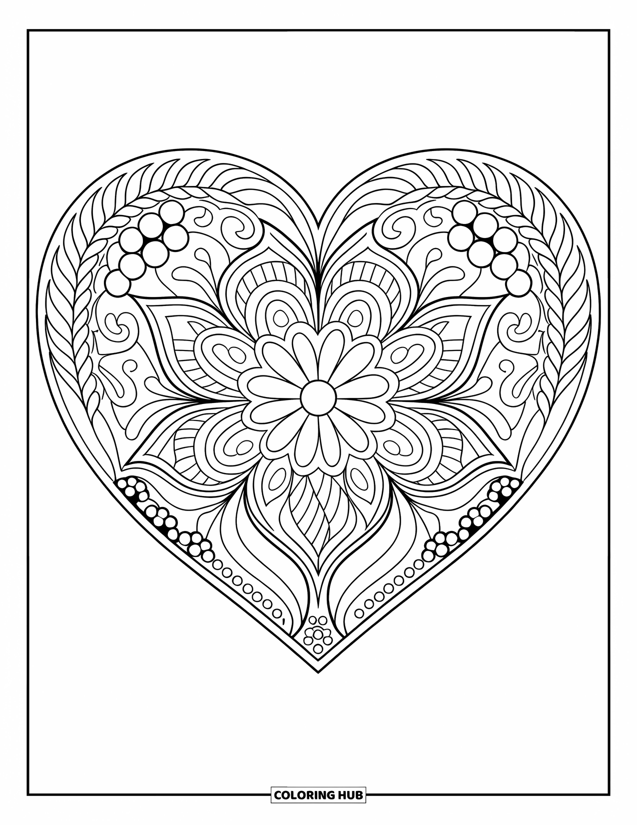 Harten Kleurplaat voor Volwassenen: Een gecentreerd mandala-hart met wervelingen en bloemdetails