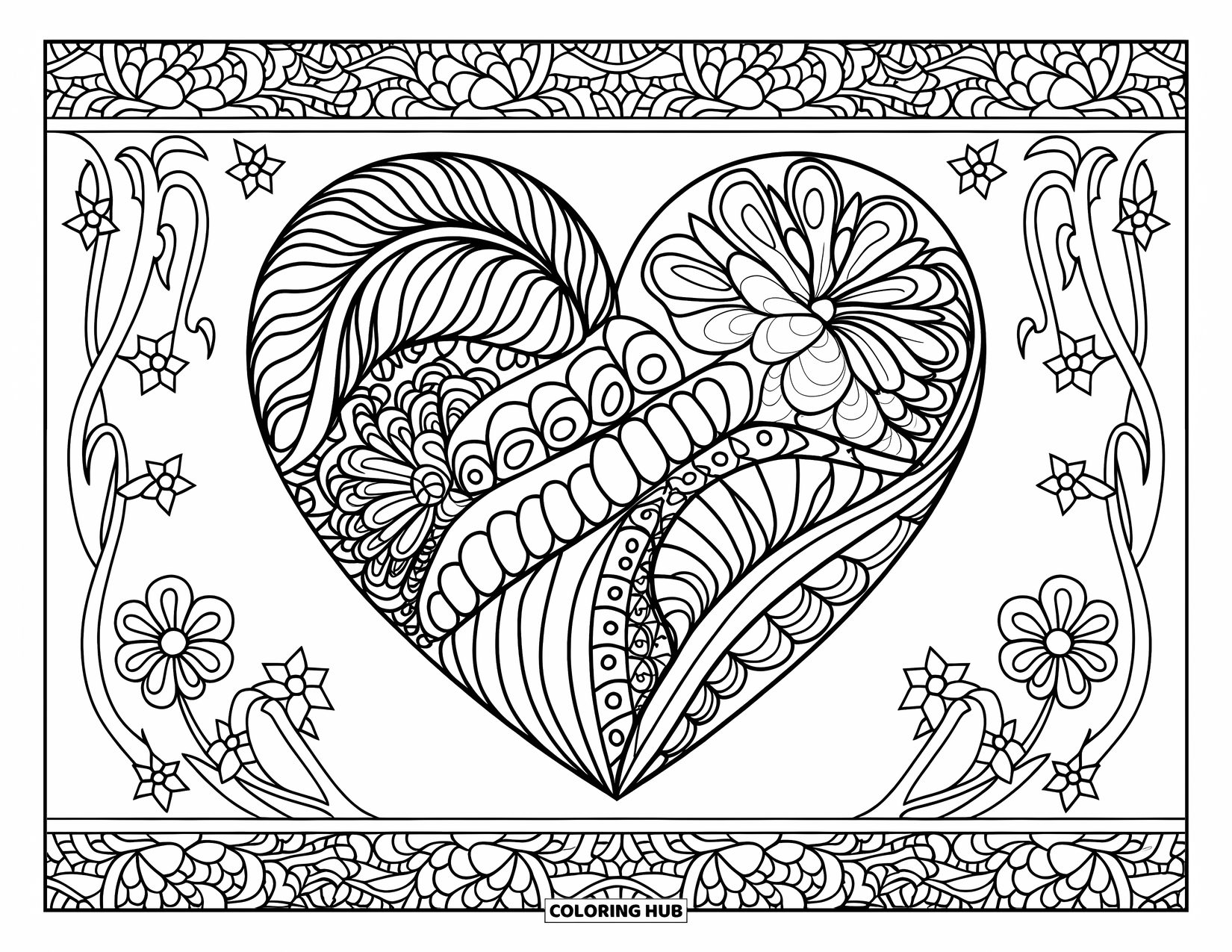 Hart Kleurplaat voor Volwassenen: Een gedetailleerd hart met bloemenmandala's en een rand van verweven wijnranken en bloemen