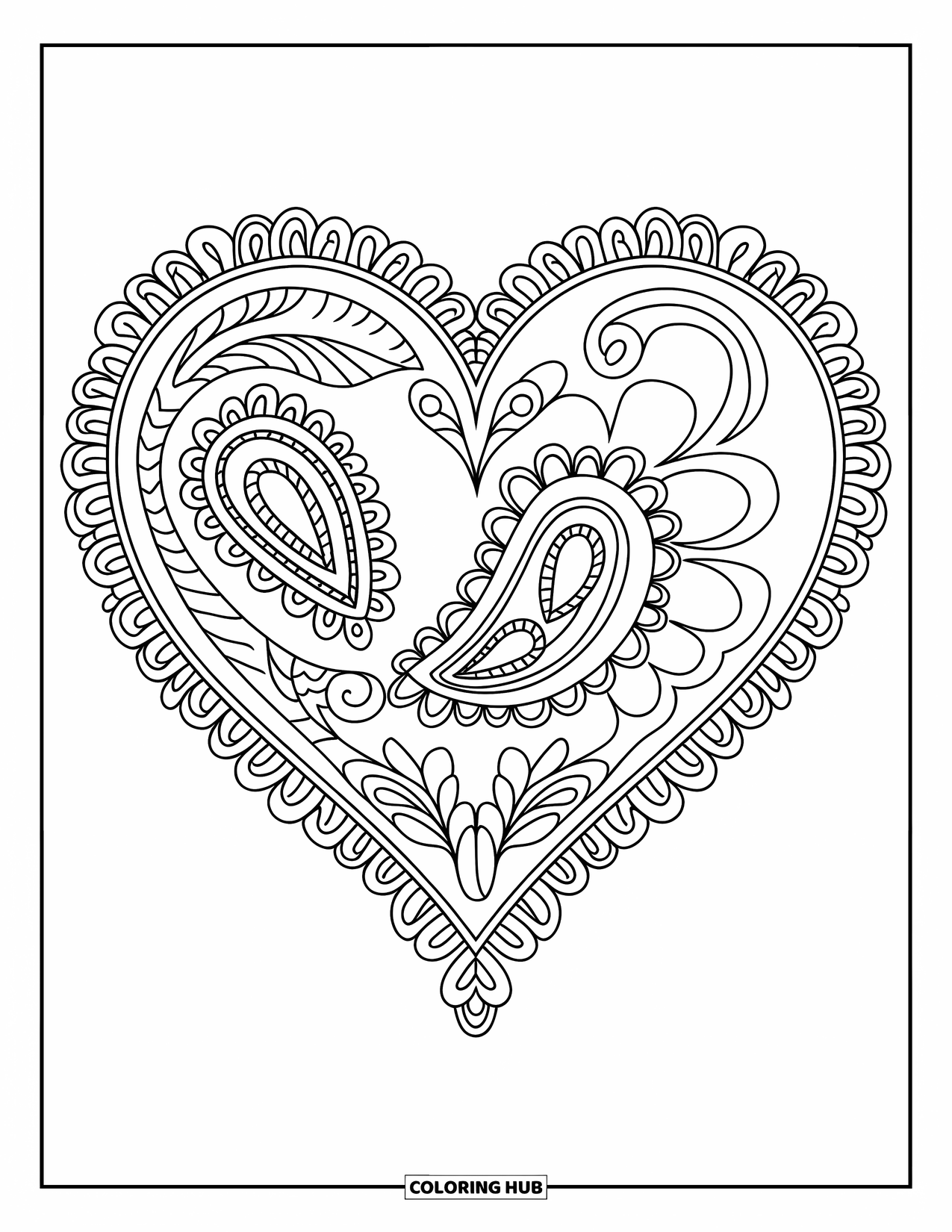 Hart Kleurplaat voor Volwassenen: Een gedetailleerd paisley-hart gecentreerd op de pagina met sierlijke ontwerpen