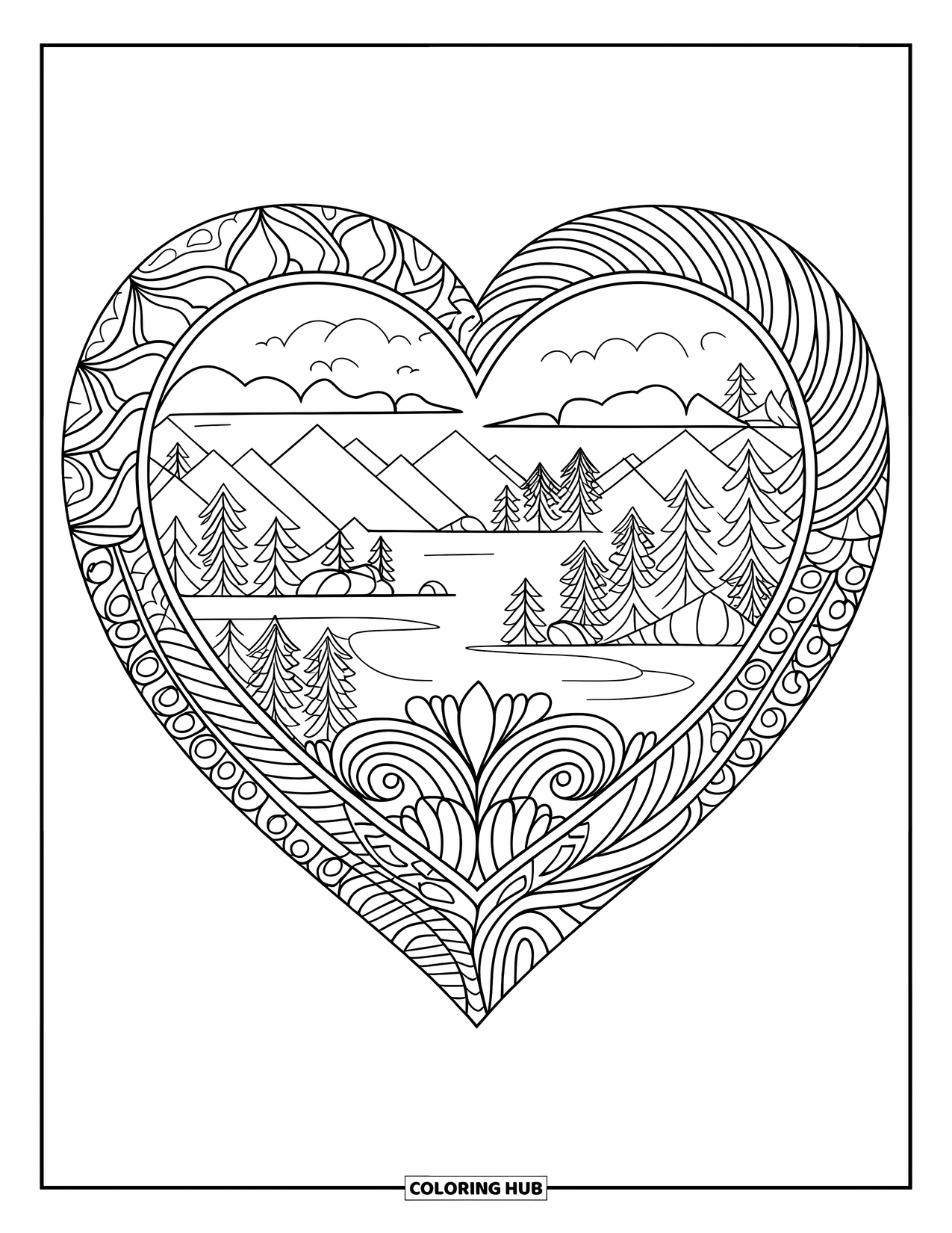 Hart Kleurplaat voor Volwassenen: Een bloemenmandala-hart met een achtergrondlandschap van bomen, bergen en water