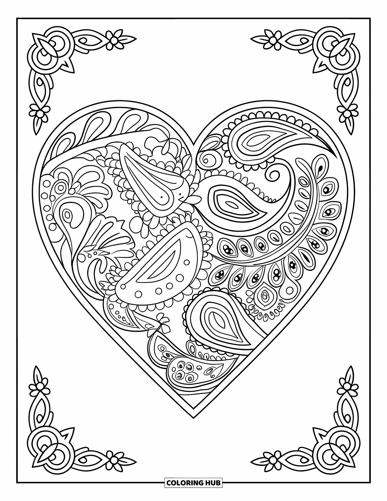 Hart Kleurplaat voor Volwassenen: Een hart bedekt met paisley-patronen met decoratieve randen en strakke contouren