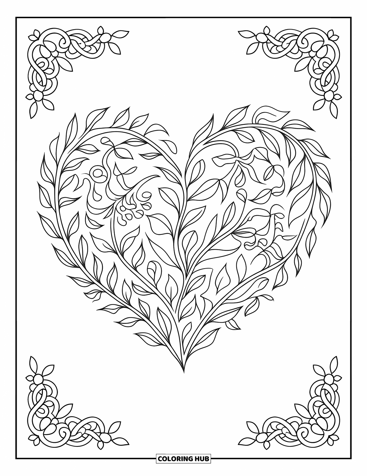 Harten Kleurplaat voor Volwassenen: Een hart van kronkelende takken en bloemen met sierlijke randen en delicate details