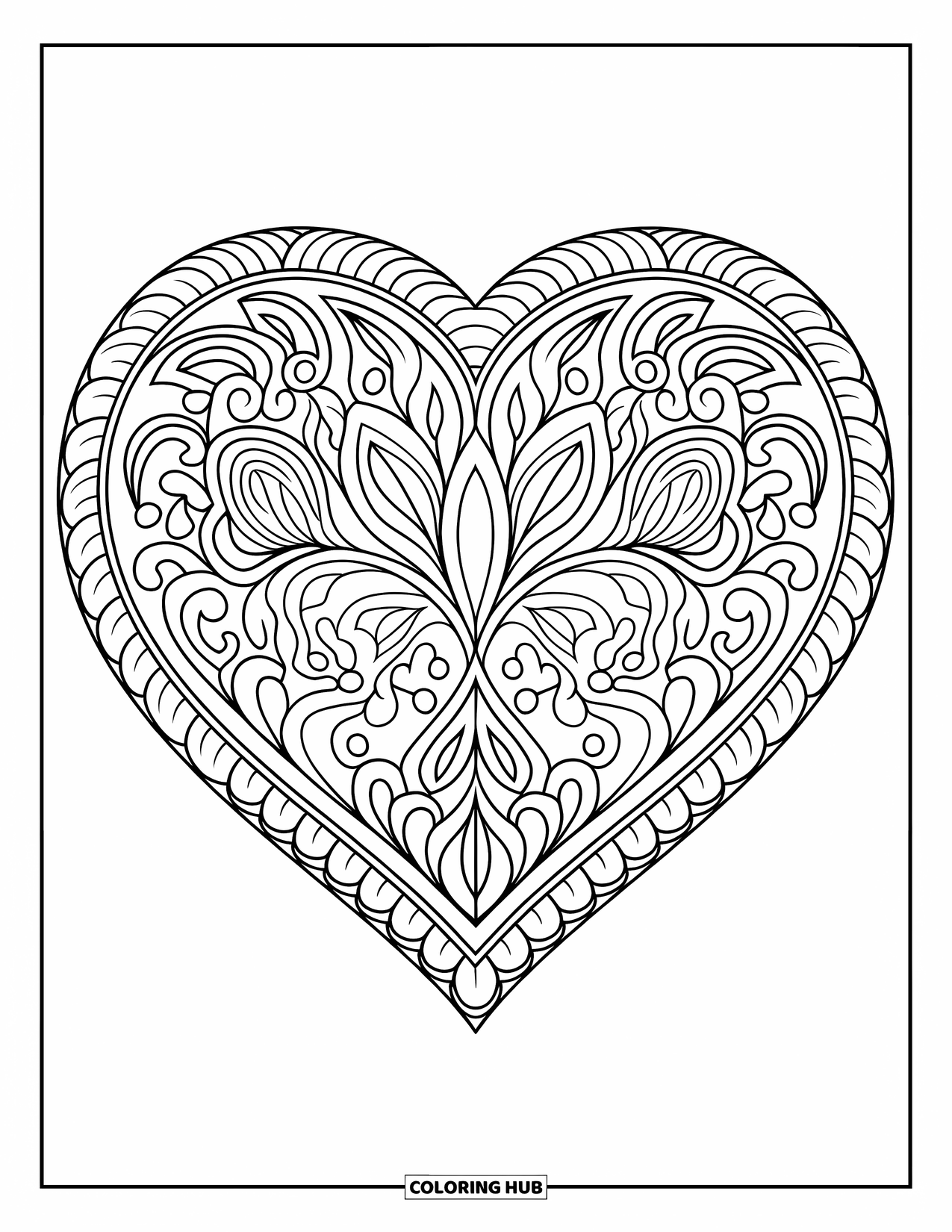 Hart Kleurplaat voor Volwassenen: Een hartvormige mandala gevuld met spiralen en bloempatronen in een decoratieve lay-out
