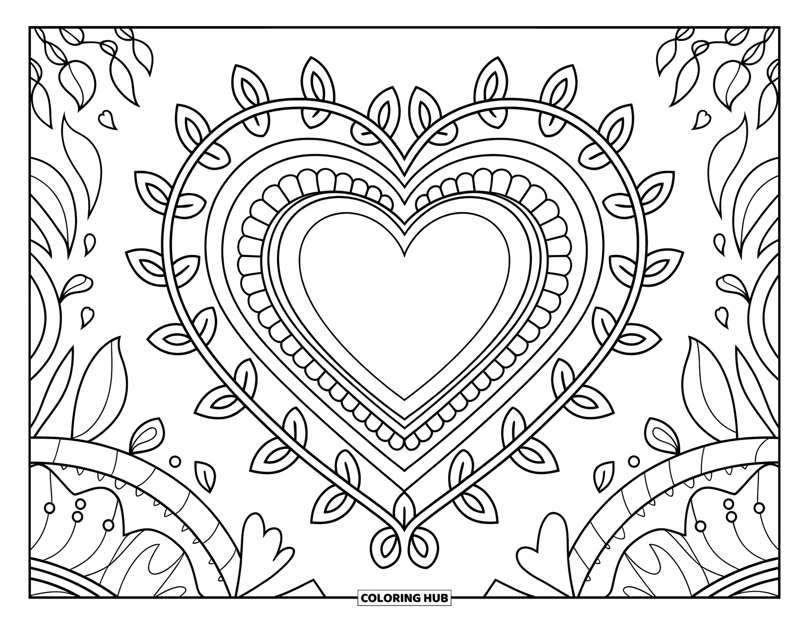Hart Kleurplaat voor Volwassenen: Een hart met kantmotieven en een bloemenkrans op een achtergrond met patroon