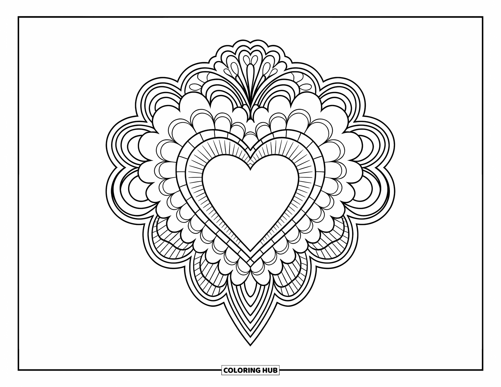 Hart Kleurplaat voor Volwassenen: Een hart gewikkeld in kanten patronen en omringd door sierlijke, elegante spiralen