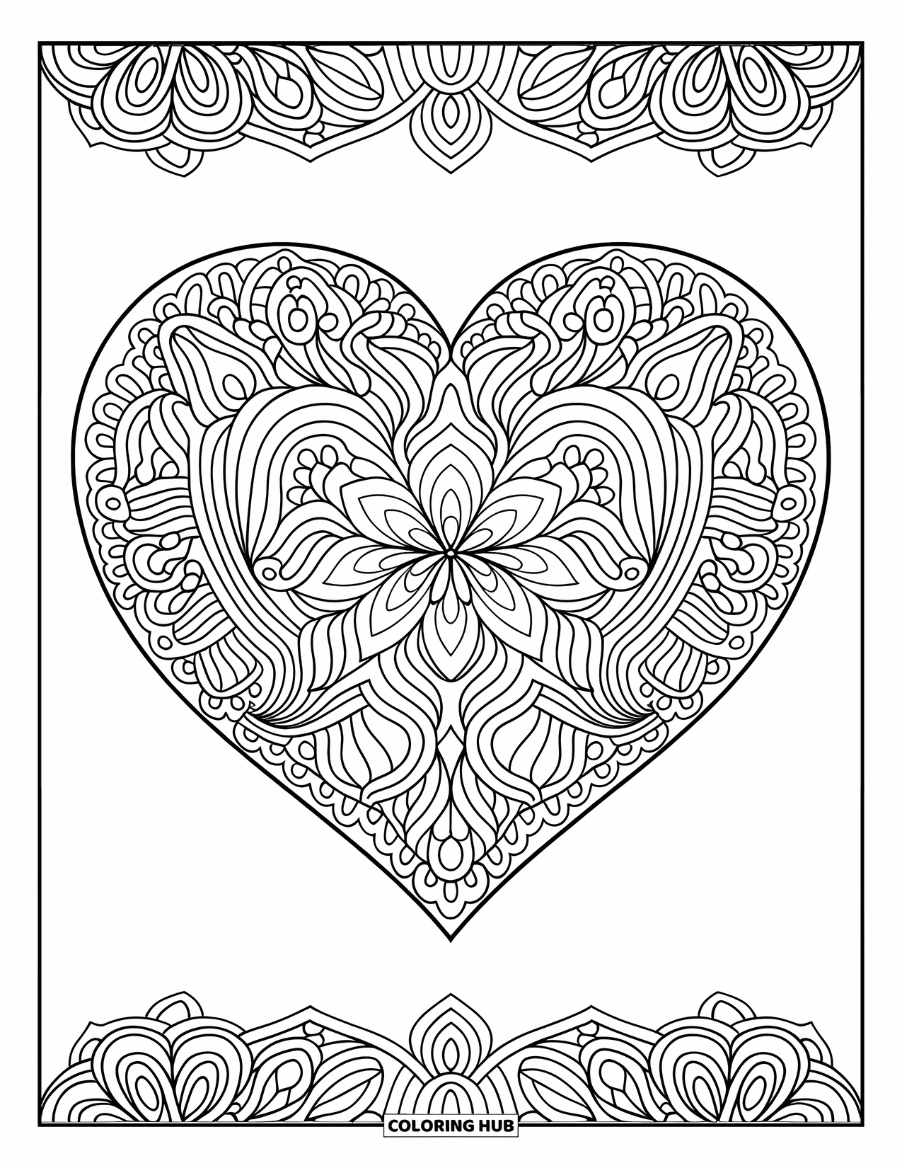 Hart Kleurplaat voor Volwassenen: Een mandala-hart met spiralen en bloemen, omringd door randen en achtergronddetails