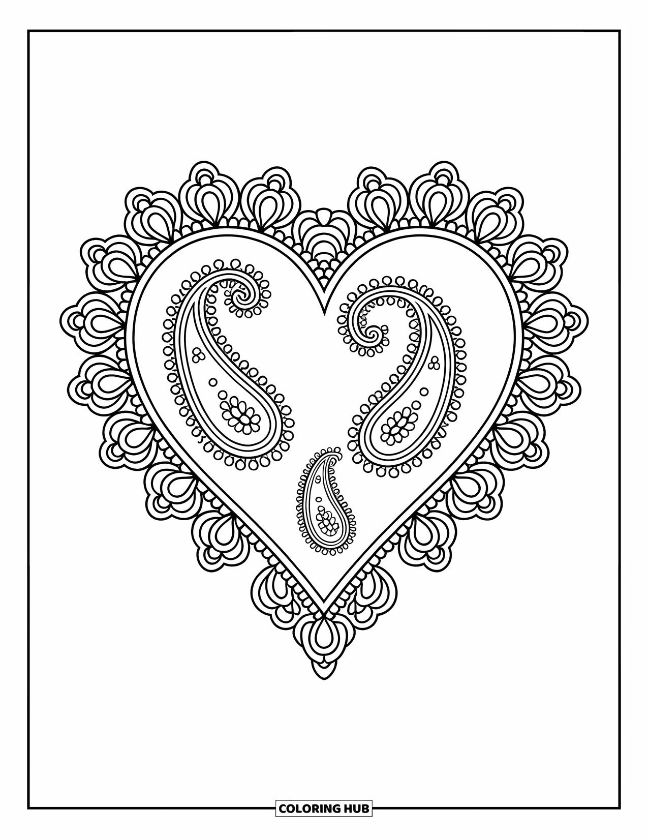 Harten Kleurplaat voor Volwassenen: Een met paisley gevuld hart met elegante sierranden en zachte details