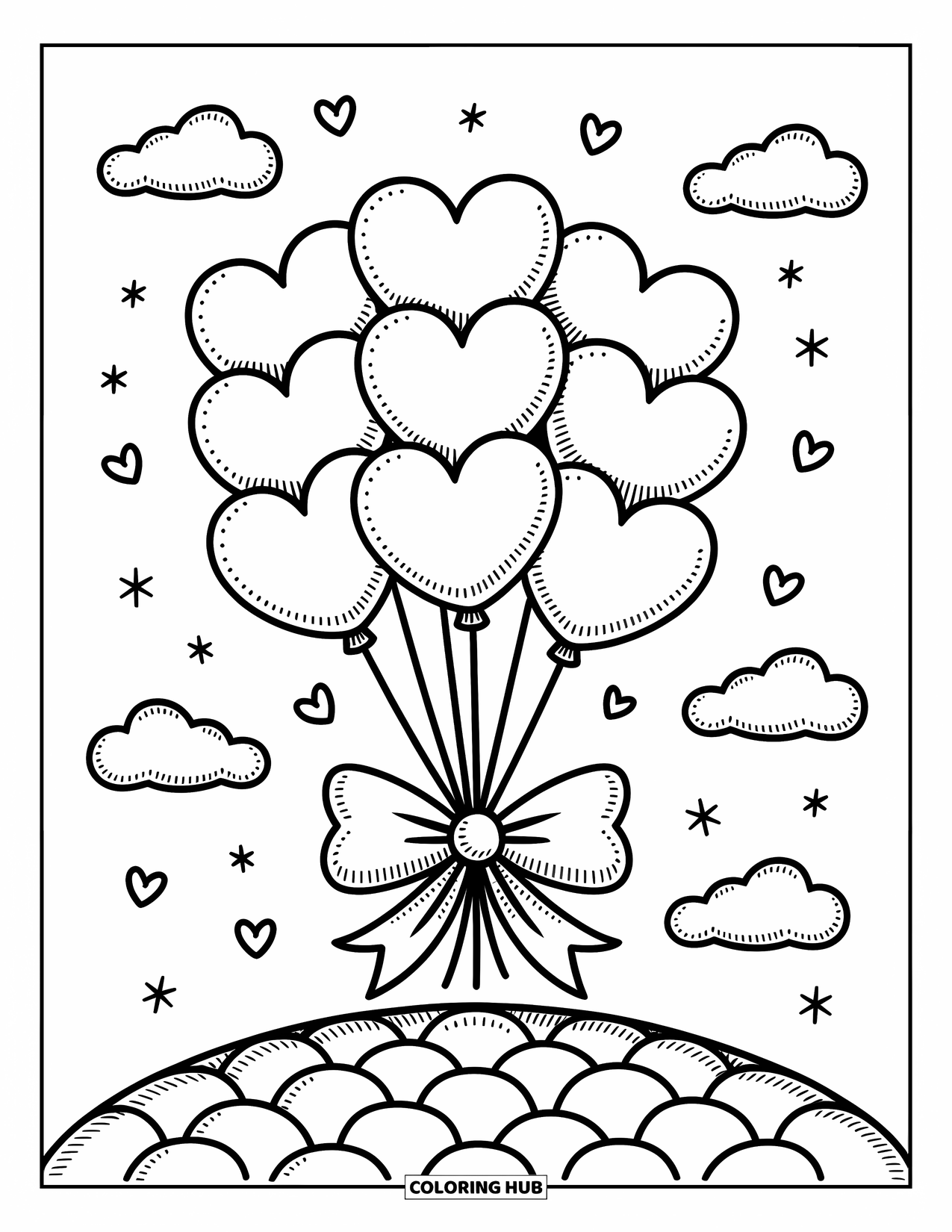 Harten Kleurplaat voor Volwassenen: Een zachte heuvel met hartballonnen, zwevende harten, sterren en pluizige wolken erboven