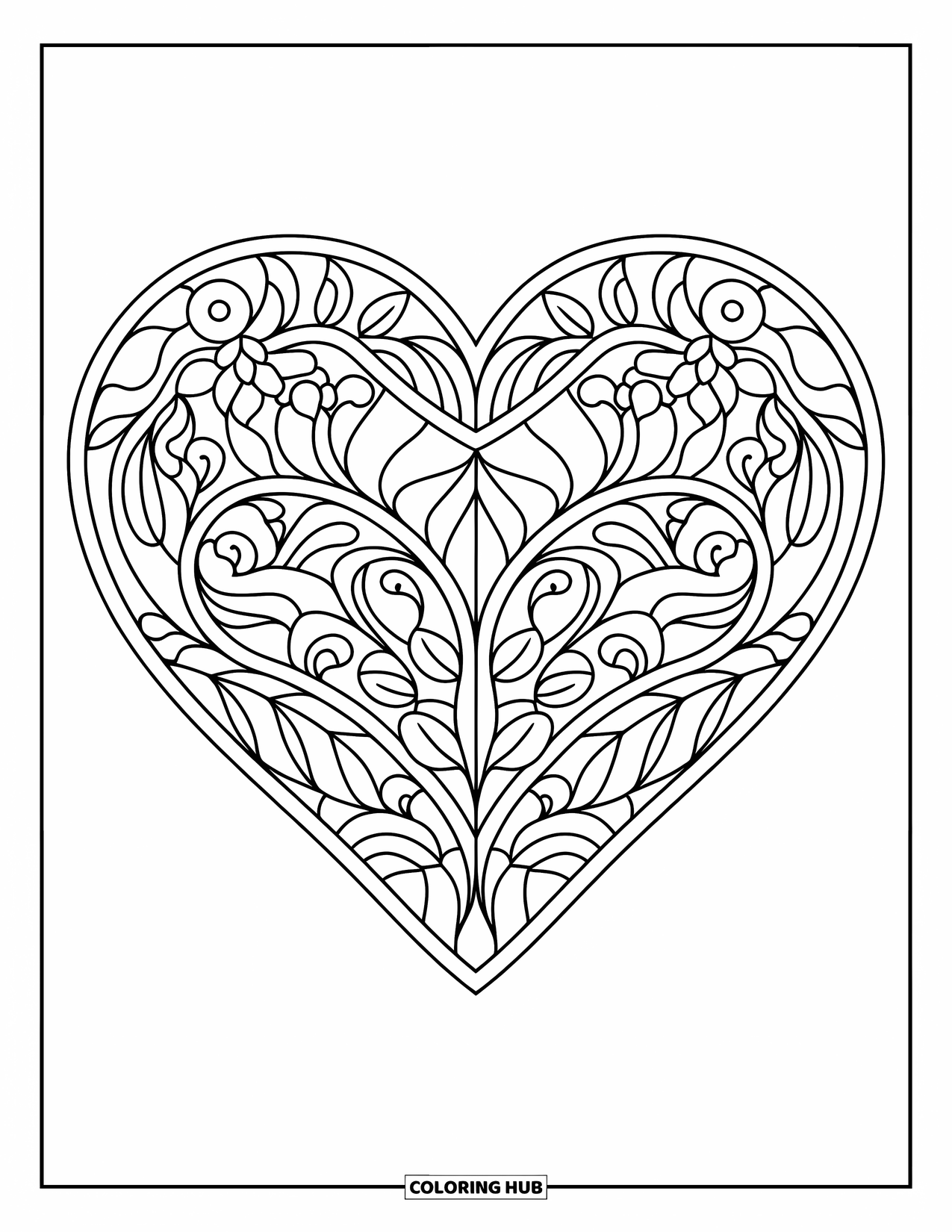 Hart Kleurplaat voor Volwassenen: Een glas-in-lood hart gevuld met spiralen, bladeren en bloemen in sierlijke segmenten