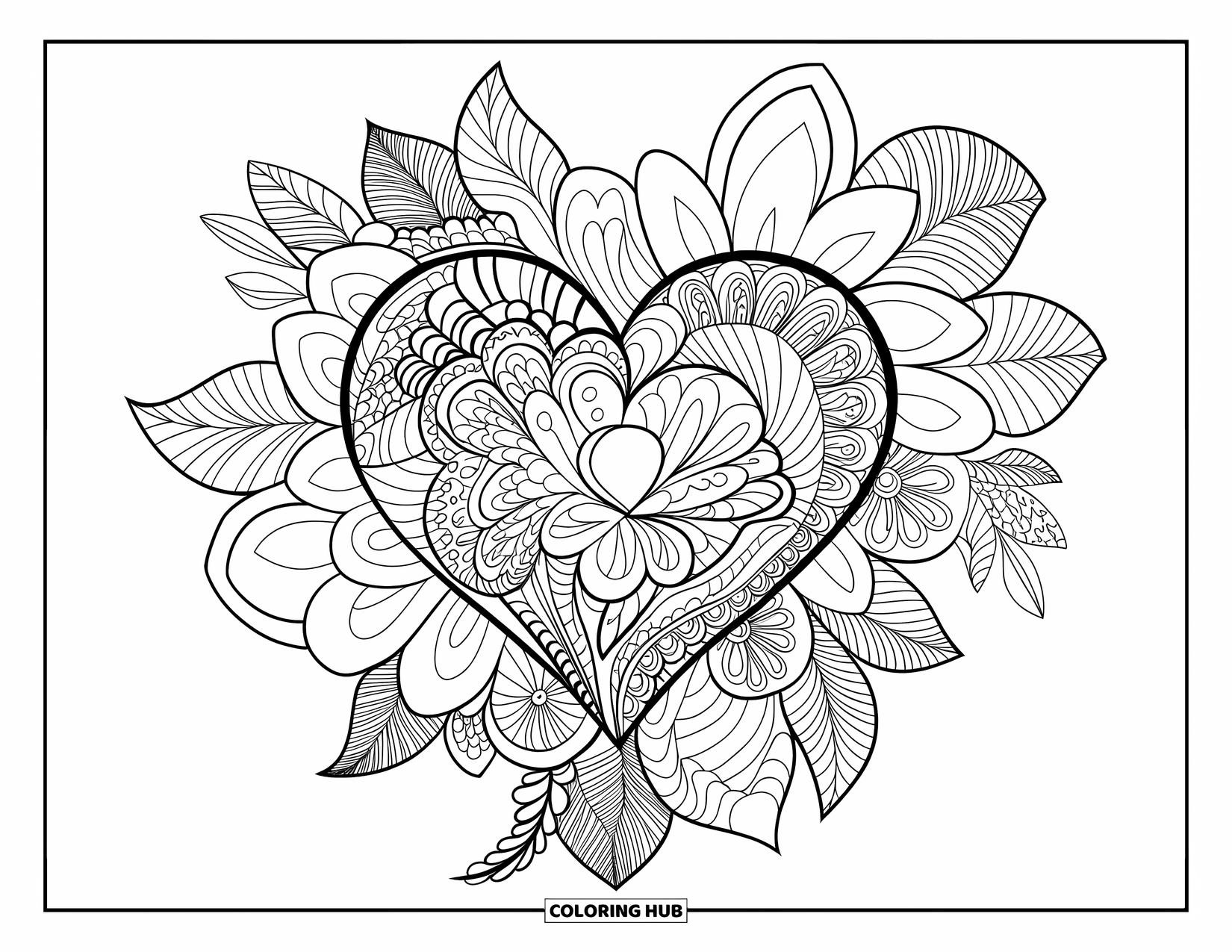 Harten Kleurplaat voor Volwassenen: Een zentangle-hart omringd door bloemenmandala's met ontspannende en gedetailleerde patronen