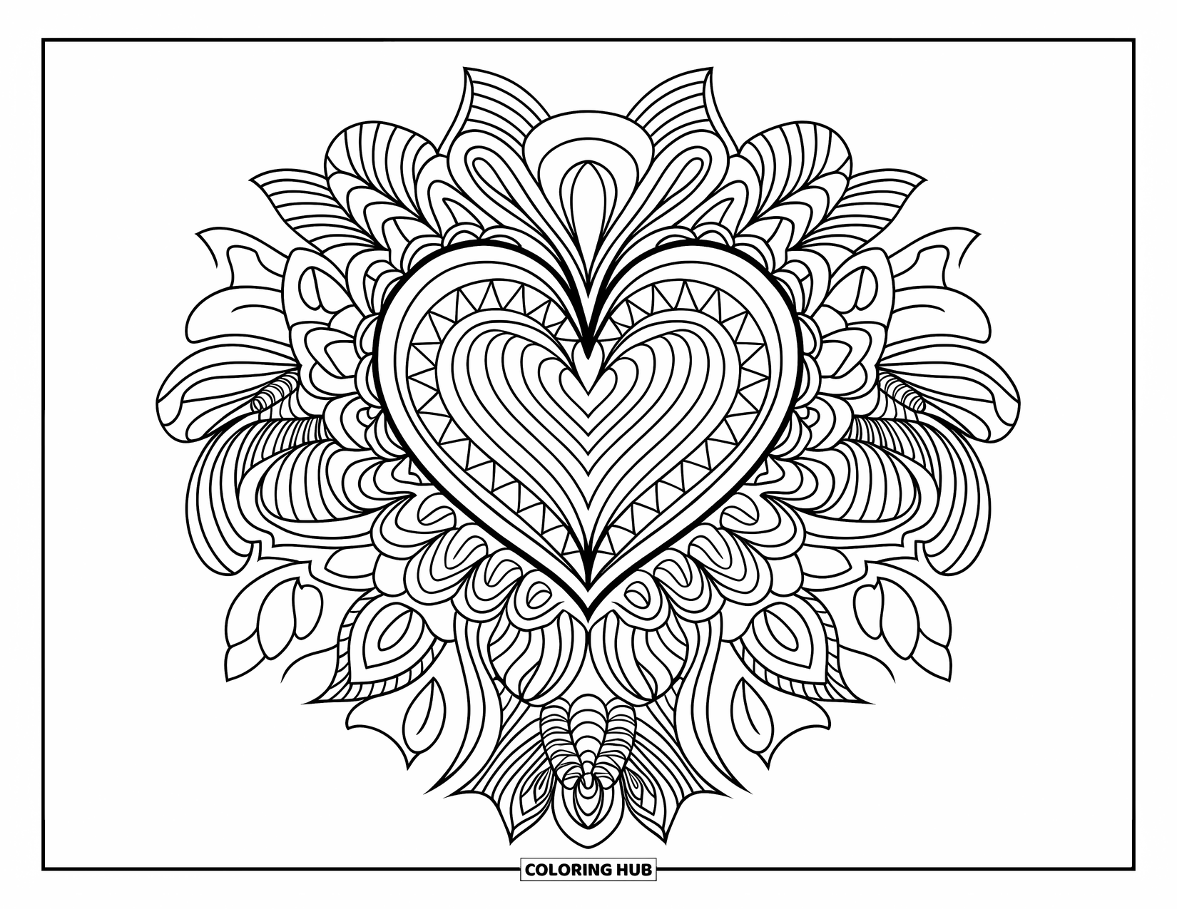 Hart Kleurplaat voor Volwassenen: Een ingewikkeld hart- en bloemenmandala-ontwerp met strakke lijnen en elegante patronen