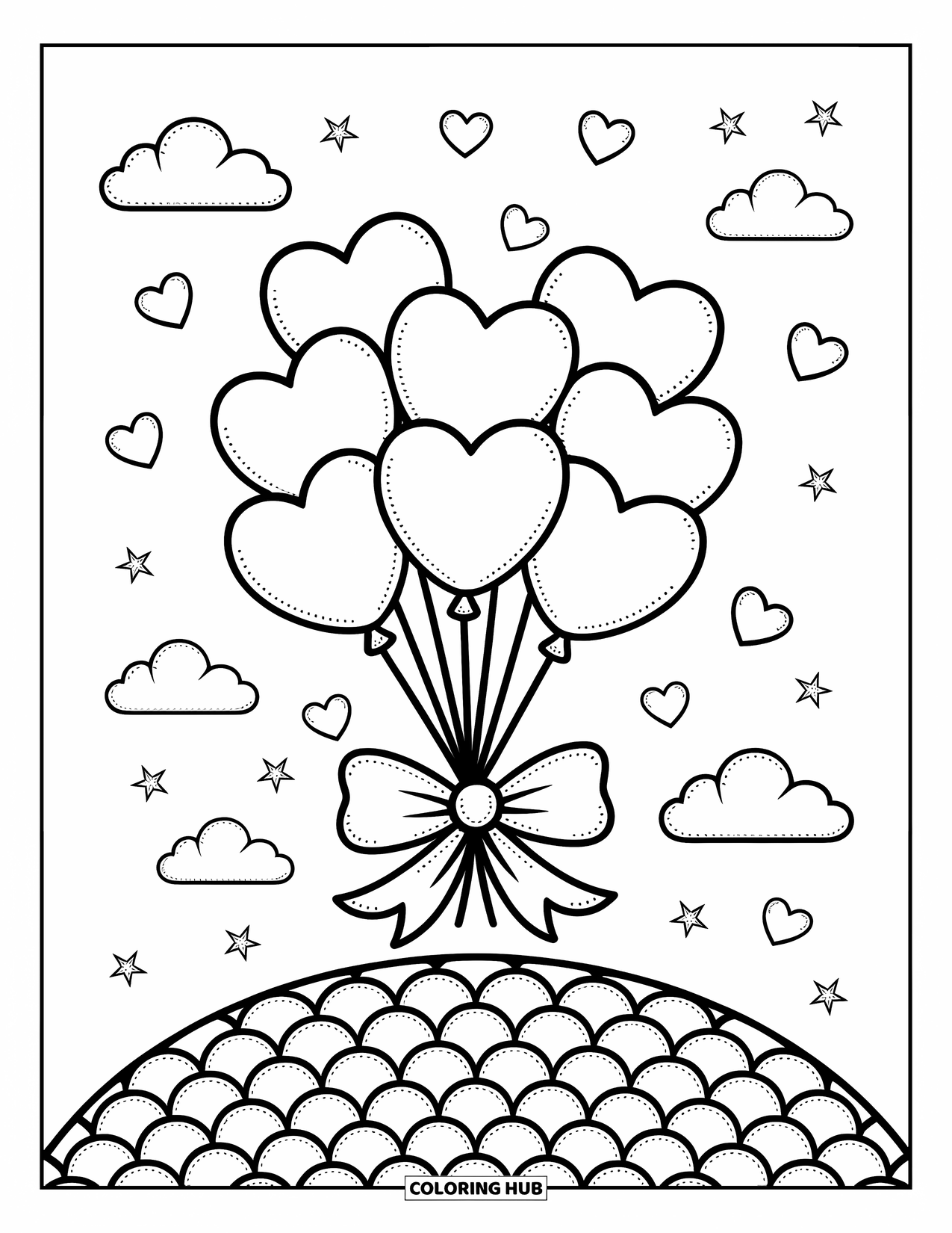 Harten Kleurplaat voor Volwassenen: Hartballonnen zweven boven een heuvel met sterren, wolken en zwevende kleine harten