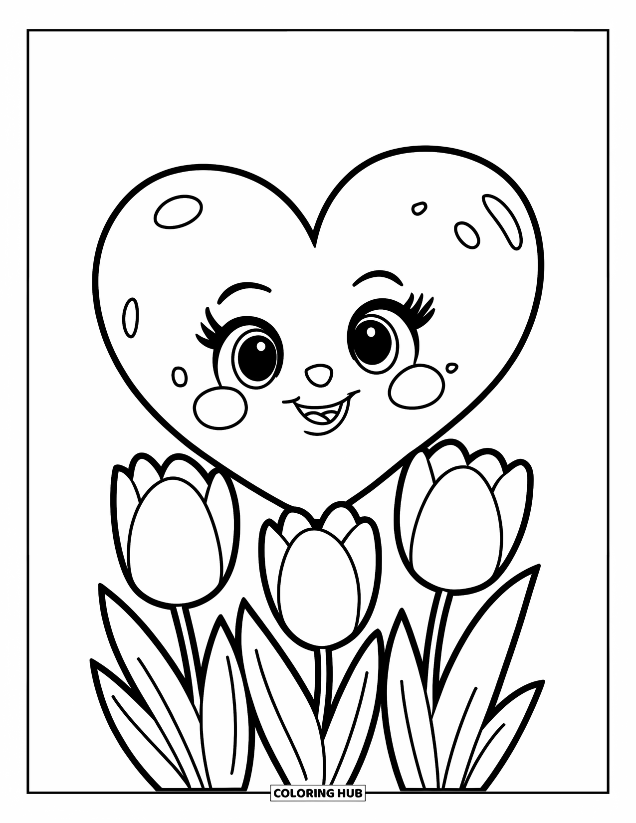Harten Kleurplaat voor Kinderen: Een groot hart met tulpen aan de basis, omlijnd met dikke streken
