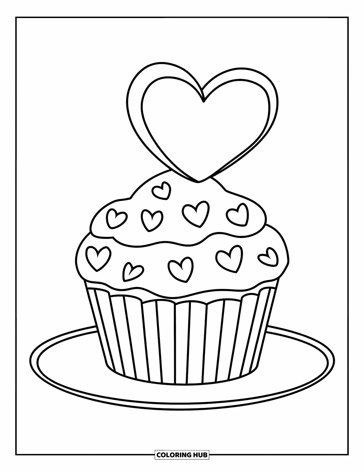 Harten Kleurplaat voor Kinderen: Een cupcake met hartjesstrooisel en een grote harttopper staat op een bord