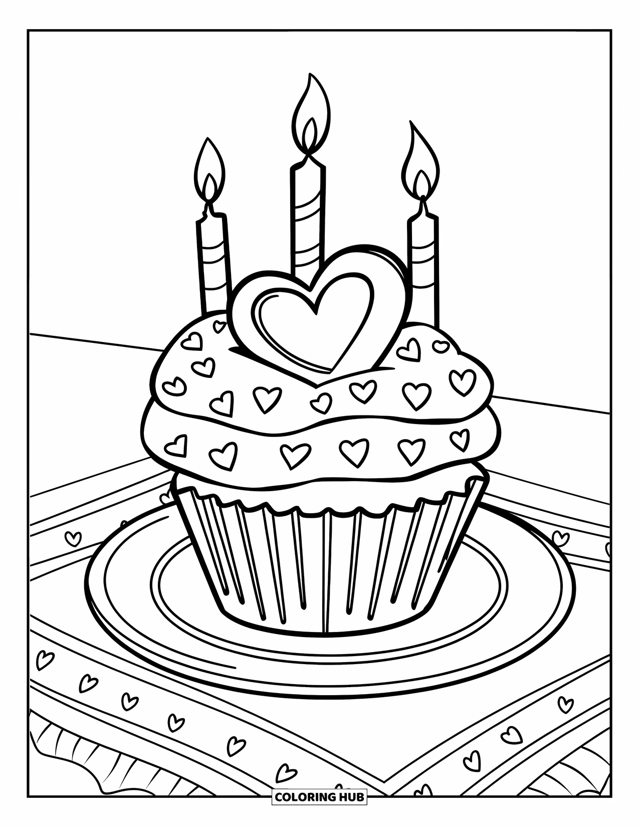 Harten Kleurplaat voor Kinderen: Een cupcake met twee kaarsen, hartjesstrooisel en een harttopper staat op een tafel