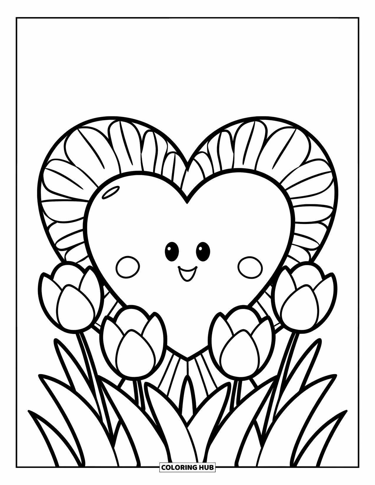 Harten Kleurplaat voor Kinderen: Een schattig hart met tulpenbloemen aan de onderkant, getekend in dikke lijnen