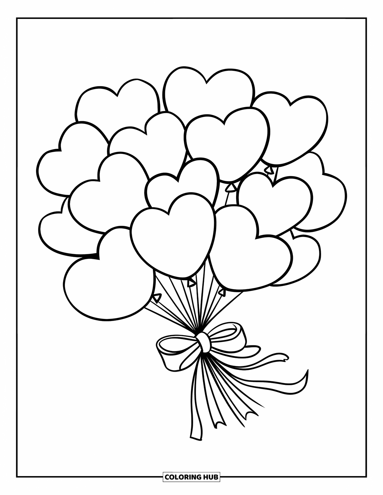 Harten Kleurplaat voor Kinderen: Een zwevend boeket van hartvormige ballonnen is vastgebonden met een lint