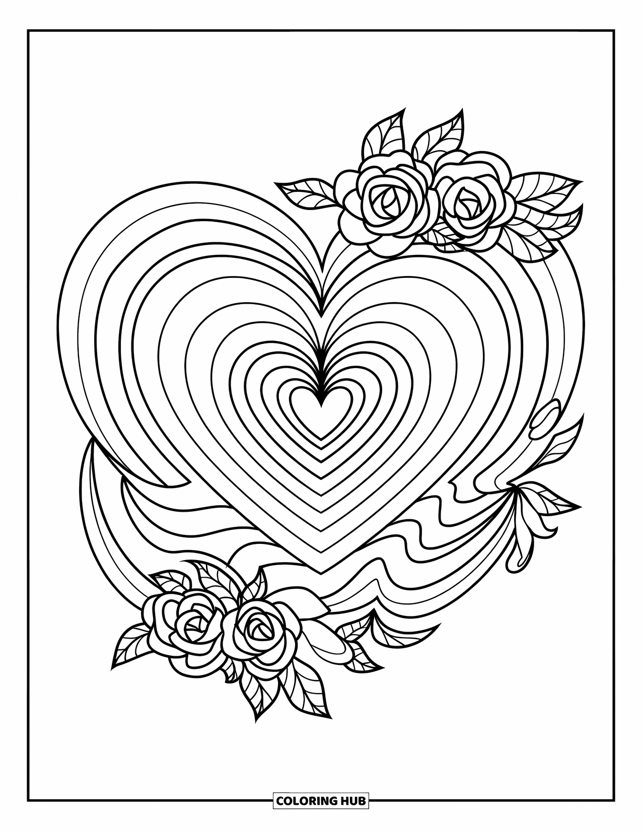 Harten Kleurplaat voor Kinderen: Een hartmandala met gelaagde bloemen en bladeren biedt een stoer, ontspannend patroon