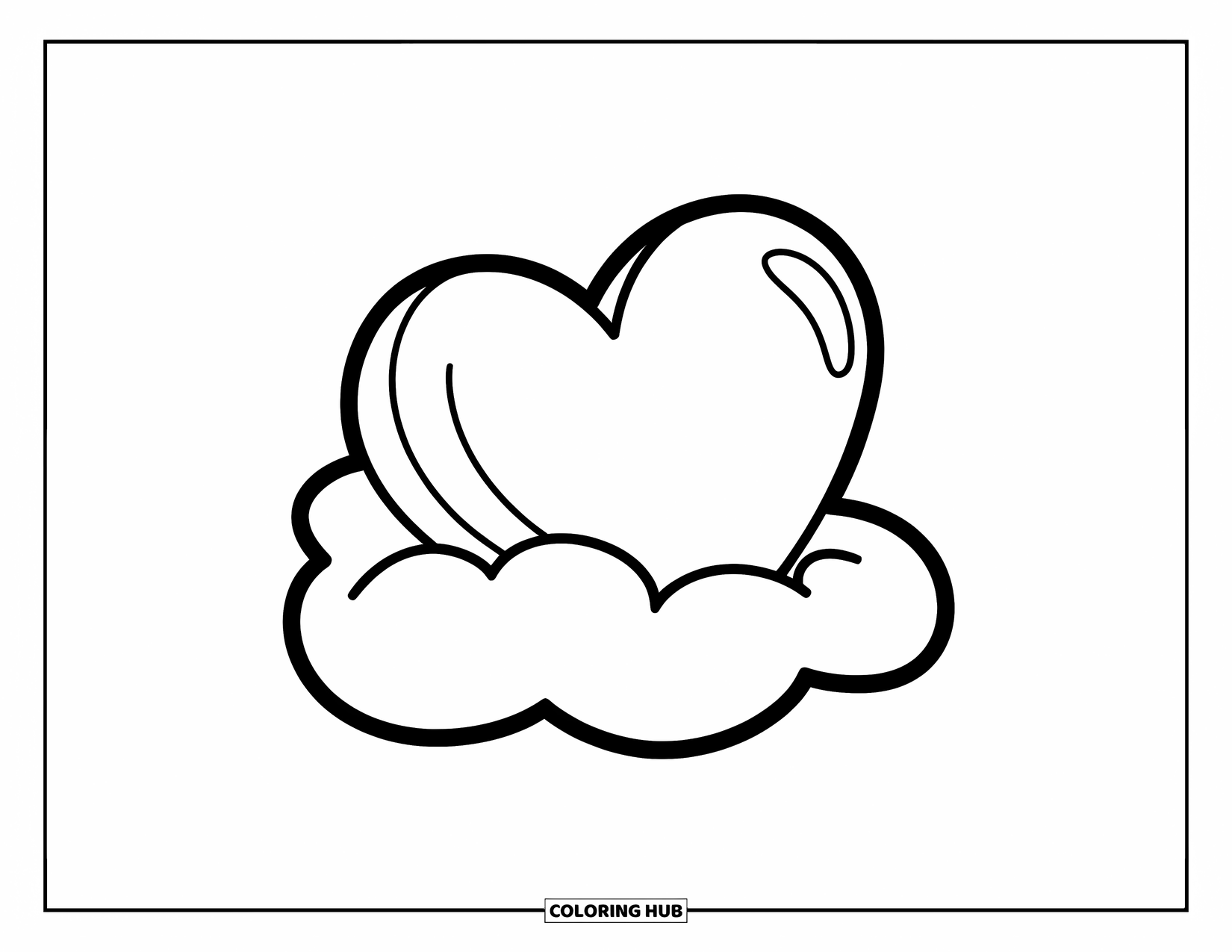 Harten Kleurplaat voor Kinderen: Een hart zit zachtjes bovenop een zachte, eenvoudige wolk met dikke lijnen