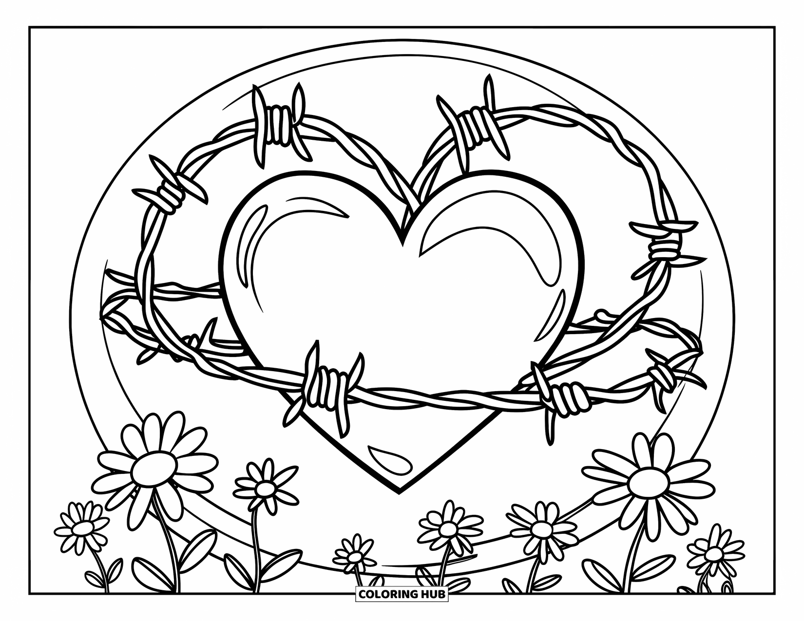 Harten Kleurplaat voor Kinderen: Een hart omwikkeld met prikkeldraad is omringd door zachte bloemen en dikke lijnen