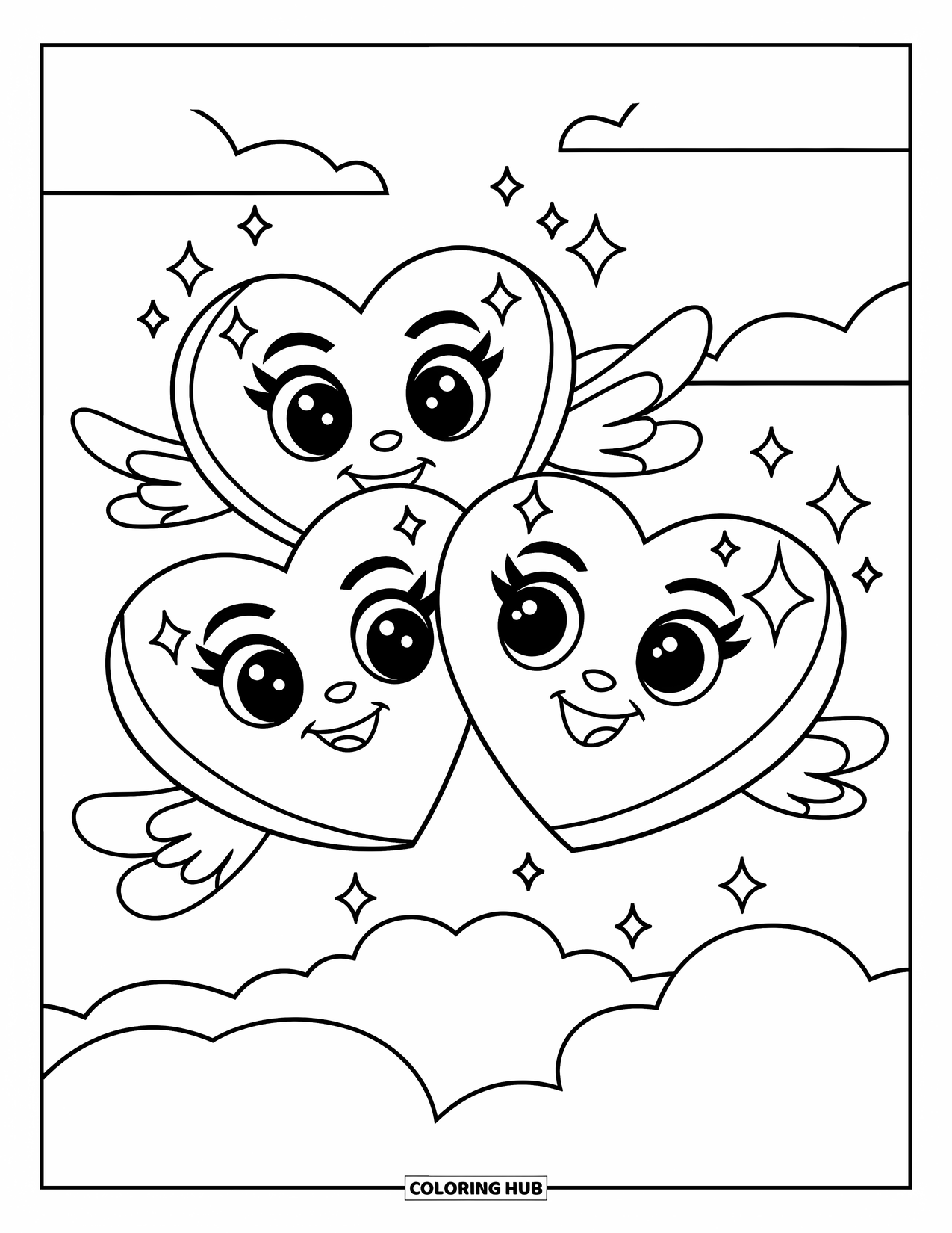 Harten Kleurplaat voor Kinderen: Twee zwevende harten met kleine vleugels schitteren in de lucht met wolken in de buurt