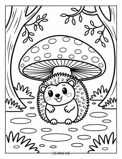 Coloriage de hérisson pour adultes : Un hérisson souriant observe depuis sous un champignon dans une forêt pleine de flaques
