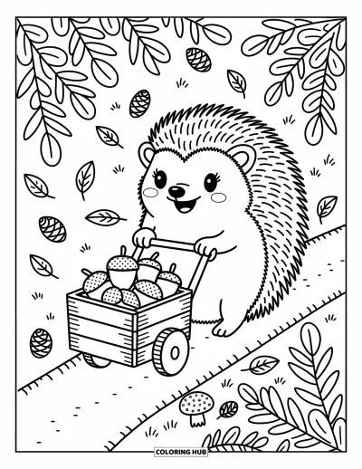 Coloriage de hérisson pour adultes : Un hérisson joyeux pousse un petit chariot rempli de baies et de glands